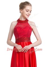 Noble Halter Top Sleeveless Evening Dress Floor Length Beading Red Taffeta