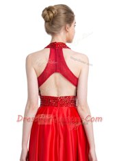 Noble Halter Top Sleeveless Evening Dress Floor Length Beading Red Taffeta