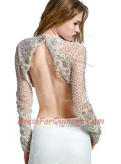 Long Sleeves With Train Beading and Lace and Appliques Backless Evening Dress with White Brush Train