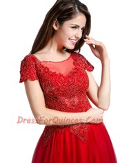 Super Coral Red Cap Sleeves Beading Floor Length Prom Dress