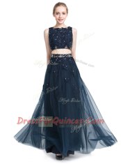 Designer Navy Blue Prom Gown Prom and Party and For with Beading Scoop Sleeveless Zipper