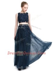 Designer Navy Blue Prom Gown Prom and Party and For with Beading Scoop Sleeveless Zipper