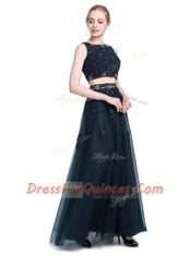 Designer Navy Blue Prom Gown Prom and Party and For with Beading Scoop Sleeveless Zipper