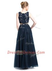 Designer Navy Blue Prom Gown Prom and Party and For with Beading Scoop Sleeveless Zipper