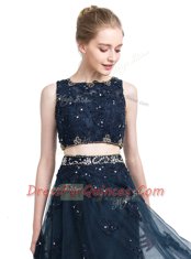 Designer Navy Blue Prom Gown Prom and Party and For with Beading Scoop Sleeveless Zipper