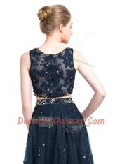 Designer Navy Blue Prom Gown Prom and Party and For with Beading Scoop Sleeveless Zipper