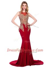 Low Price Scoop With Train Wine Red Elastic Woven Satin Brush Train Sleeveless Lace and Appliques
