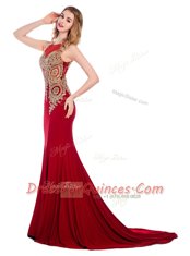 Low Price Scoop With Train Wine Red Elastic Woven Satin Brush Train Sleeveless Lace and Appliques