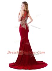 Low Price Scoop With Train Wine Red Elastic Woven Satin Brush Train Sleeveless Lace and Appliques
