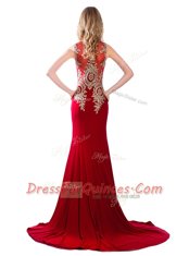 Low Price Scoop With Train Wine Red Elastic Woven Satin Brush Train Sleeveless Lace and Appliques