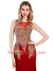 Low Price Scoop With Train Wine Red Elastic Woven Satin Brush Train Sleeveless Lace and Appliques