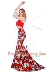 High Quality Mermaid Halter Top With Train Multi-color Prom Evening Gown Printed Brush Train Sleeveless Lace and Pattern