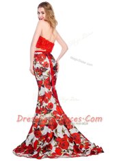 High Quality Mermaid Halter Top With Train Multi-color Prom Evening Gown Printed Brush Train Sleeveless Lace and Pattern