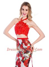 High Quality Mermaid Halter Top With Train Multi-color Prom Evening Gown Printed Brush Train Sleeveless Lace and Pattern