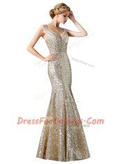 Modern Mermaid Sequins V-neck Sleeveless Zipper Prom Evening Gown Champagne Sequined