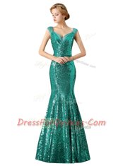 Modern Mermaid Sequins V-neck Sleeveless Zipper Prom Evening Gown Champagne Sequined