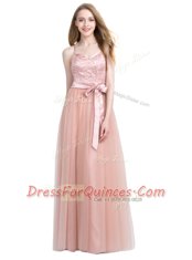 Amazing Pink Tulle Zipper Prom Evening Gown Sleeveless Floor Length Beading