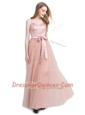 Amazing Pink Tulle Zipper Prom Evening Gown Sleeveless Floor Length Beading