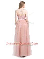 Amazing Pink Tulle Zipper Prom Evening Gown Sleeveless Floor Length Beading