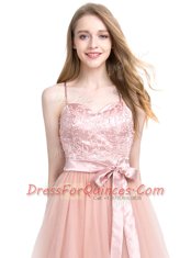 Amazing Pink Tulle Zipper Prom Evening Gown Sleeveless Floor Length Beading