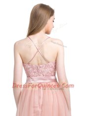 Amazing Pink Tulle Zipper Prom Evening Gown Sleeveless Floor Length Beading