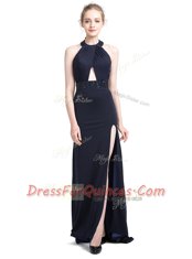 Vintage Black Column/Sheath Halter Top Sleeveless Elastic Woven Satin With Brush Train Backless Beading Homecoming Dress