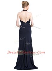 Vintage Black Column/Sheath Halter Top Sleeveless Elastic Woven Satin With Brush Train Backless Beading Homecoming Dress
