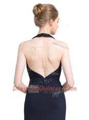 Vintage Black Column/Sheath Halter Top Sleeveless Elastic Woven Satin With Brush Train Backless Beading Homecoming Dress