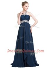 Perfect Blue Chiffon Backless Prom Dresses Sleeveless Floor Length Beading
