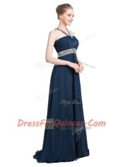 Perfect Blue Chiffon Backless Prom Dresses Sleeveless Floor Length Beading