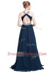 Perfect Blue Chiffon Backless Prom Dresses Sleeveless Floor Length Beading