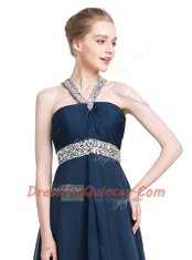 Perfect Blue Chiffon Backless Prom Dresses Sleeveless Floor Length Beading