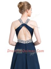 Perfect Blue Chiffon Backless Prom Dresses Sleeveless Floor Length Beading