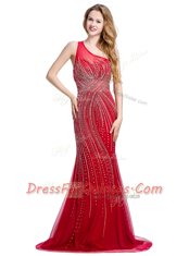 Tulle One Shoulder Sleeveless Brush Train Zipper Beading Evening Dress in Red