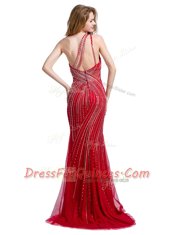 Tulle One Shoulder Sleeveless Brush Train Zipper Beading Evening Dress in Red