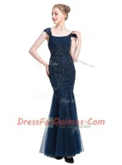 Navy Blue Mermaid Tulle Square Cap Sleeves Beading Floor Length Zipper Dress for Prom