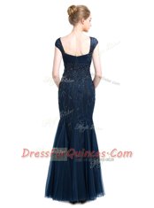 Navy Blue Mermaid Tulle Square Cap Sleeves Beading Floor Length Zipper Dress for Prom