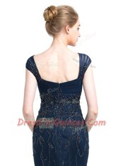 Navy Blue Mermaid Tulle Square Cap Sleeves Beading Floor Length Zipper Dress for Prom
