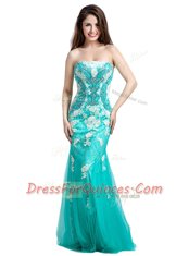 Deluxe Mermaid Turquoise Tulle Zipper Homecoming Dress Sleeveless Floor Length Beading and Appliques