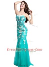 Deluxe Mermaid Turquoise Tulle Zipper Homecoming Dress Sleeveless Floor Length Beading and Appliques