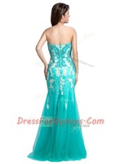 Deluxe Mermaid Turquoise Tulle Zipper Homecoming Dress Sleeveless Floor Length Beading and Appliques