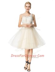 Luxury Scoop Champagne Zipper Prom Dress Beading Sleeveless Knee Length
