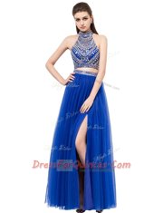 Luxurious Floor Length Royal Blue Dress for Prom Square Sleeveless Criss Cross