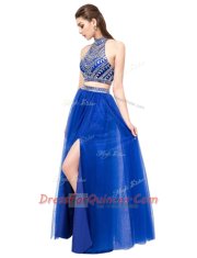 Luxurious Floor Length Royal Blue Dress for Prom Square Sleeveless Criss Cross