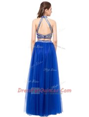Luxurious Floor Length Royal Blue Dress for Prom Square Sleeveless Criss Cross