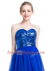 Royal Blue Sleeveless Floor Length Sequins Zipper Prom Gown