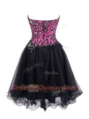 Pink And Black Zipper Evening Dress Beading and Lace Sleeveless Mini Length