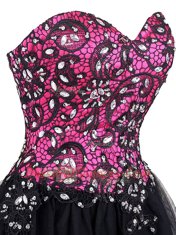 Pink And Black Zipper Evening Dress Beading and Lace Sleeveless Mini Length