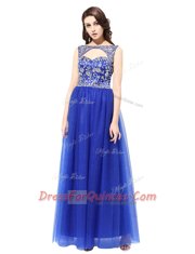 Attractive Blue Sleeveless Floor Length Beading Zipper Prom Party Dress