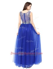 Attractive Blue Sleeveless Floor Length Beading Zipper Prom Party Dress